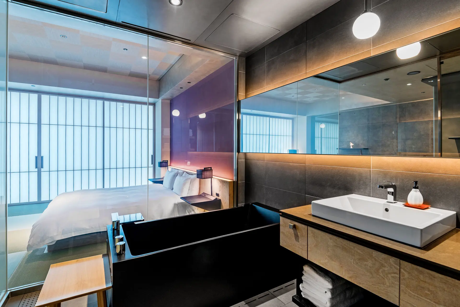 Bathroom View Into Stylish Bedroom